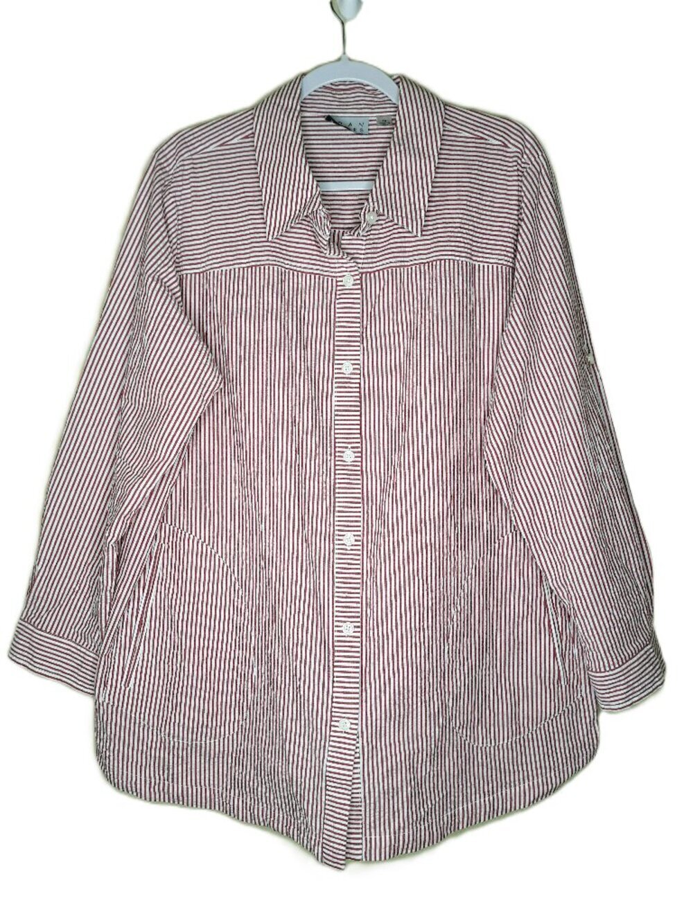Seersucker Tunic Top Button-Up 1X Red Stripe Preppy Lagenlook Relaxed